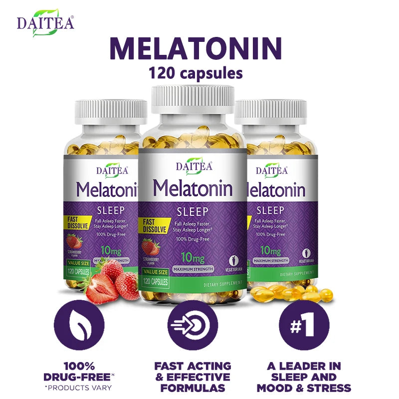 Daitea Melatonin 10mg Sleep Supplement, 120 Strawberry Flavored Capsules