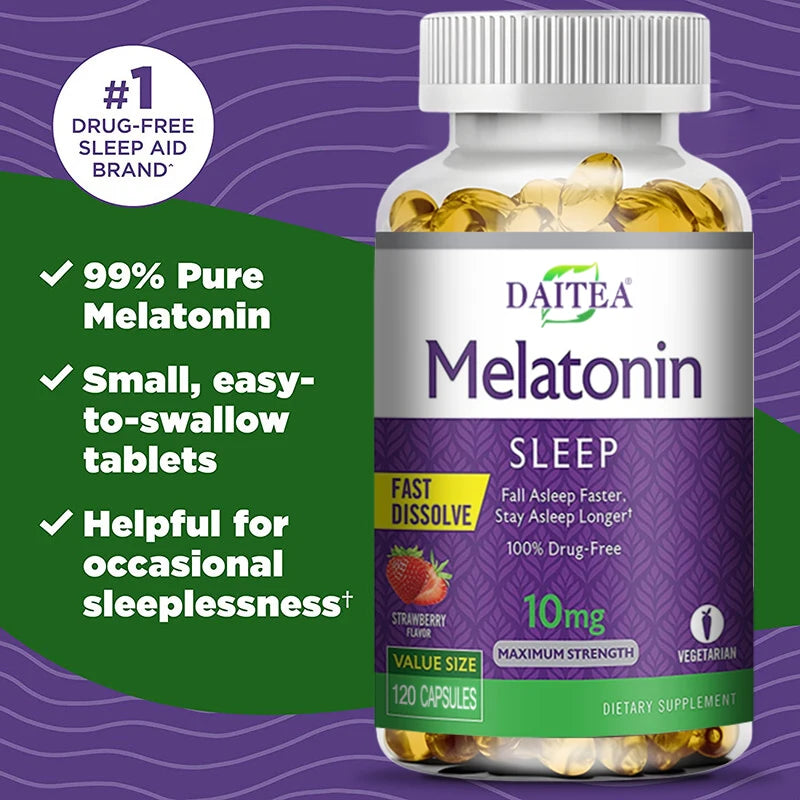 Daitea Melatonin 10mg Sleep Supplement, 120 Strawberry Flavored Capsules